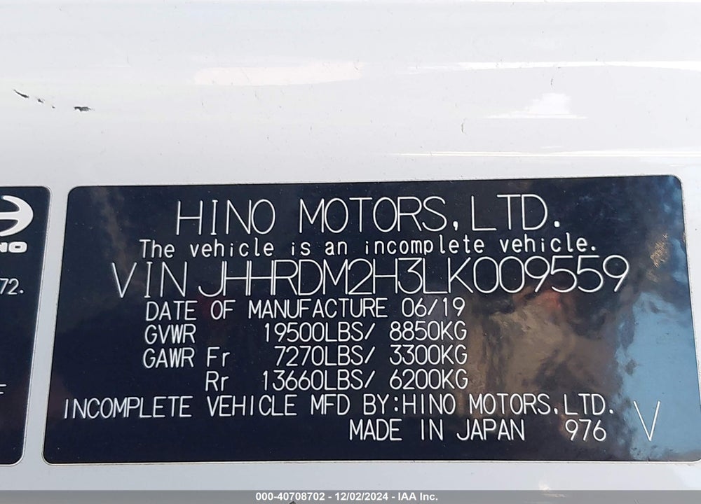 2020 HINO XJC720/XFC720 VIN: JHHRDM2H3LK009559