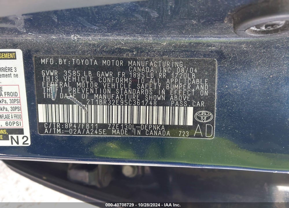 2005 TOYOTA COROLLA LE VIN: 2T1BR32E95C361748