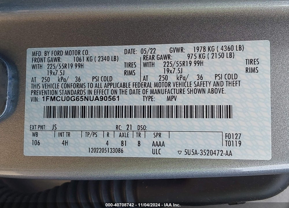 2022 FORD ESCAPE SE VIN: 1FMCU0G65NUA90561