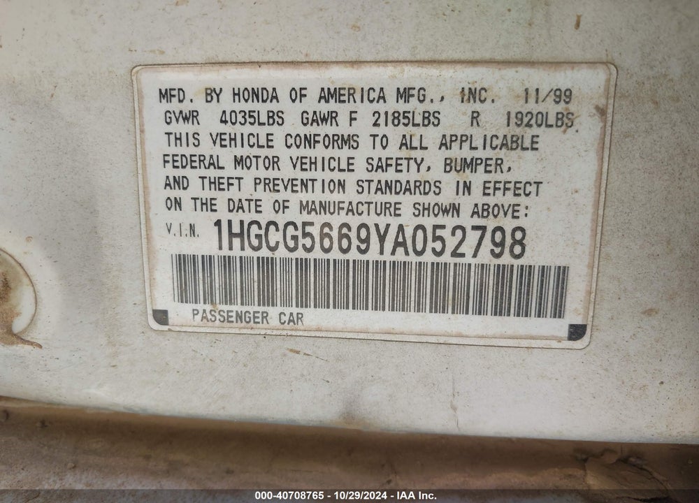 2000 HONDA ACCORD 2.3 EX VIN: 1HGCG5669YA052798