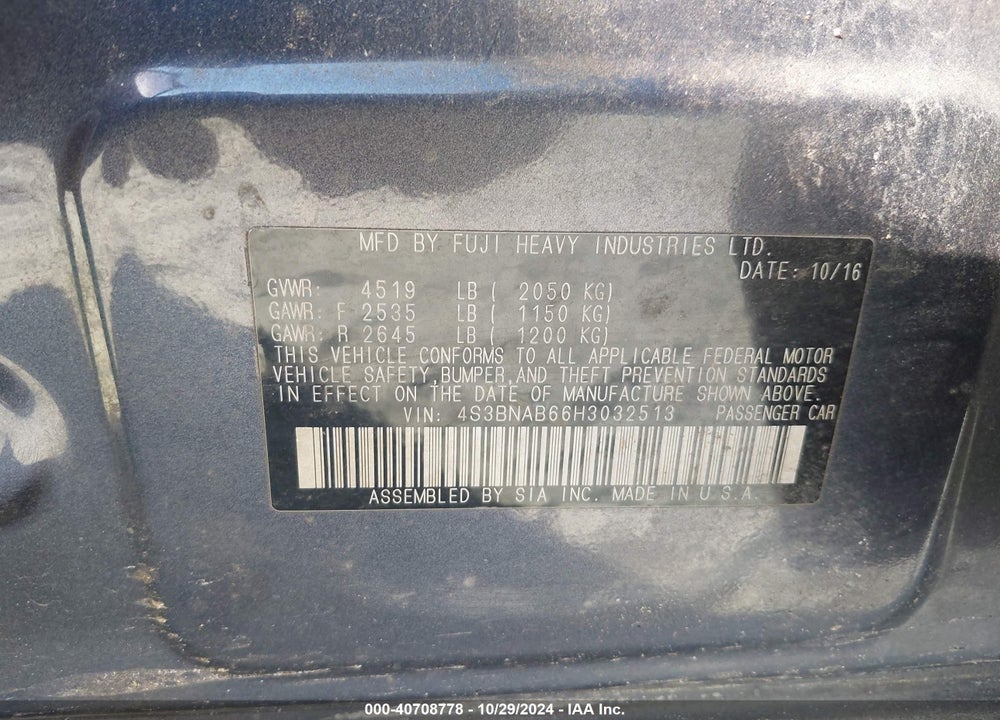 2017 SUBARU LEGACY 2.5I VIN: 4S3BNAB66H3032513