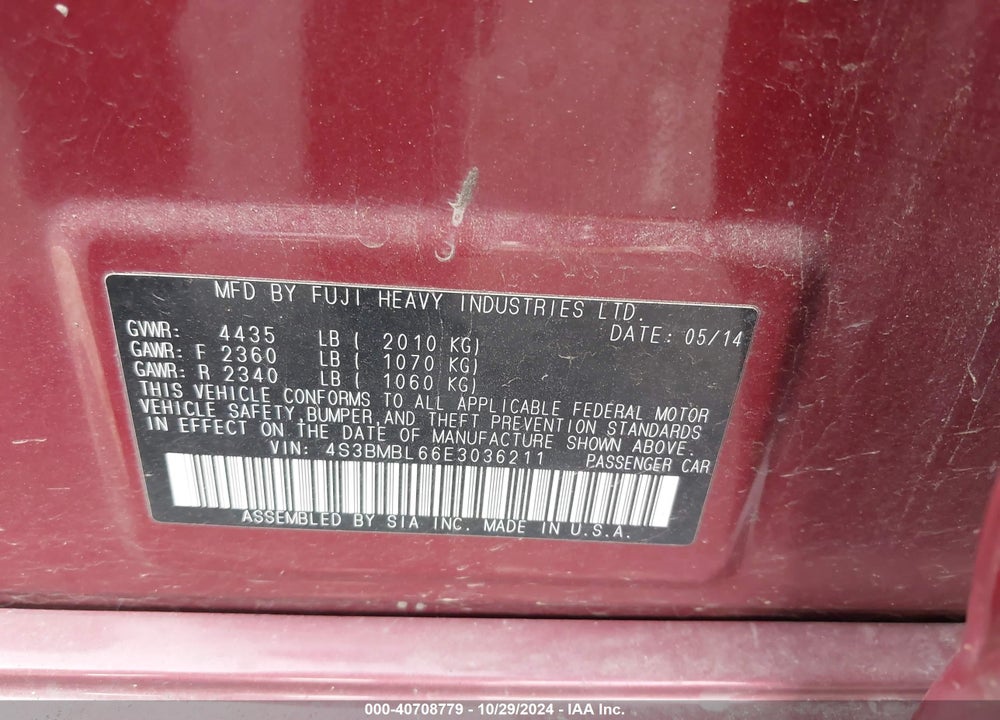 2014 SUBARU LEGACY 2.5I LIMITED VIN: 4S3BMBL66E3036211