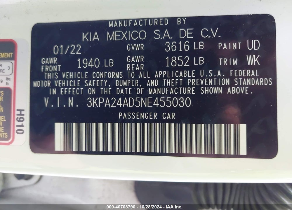 2022 KIA RIO LX VIN: 3KPA24AD5NE455030