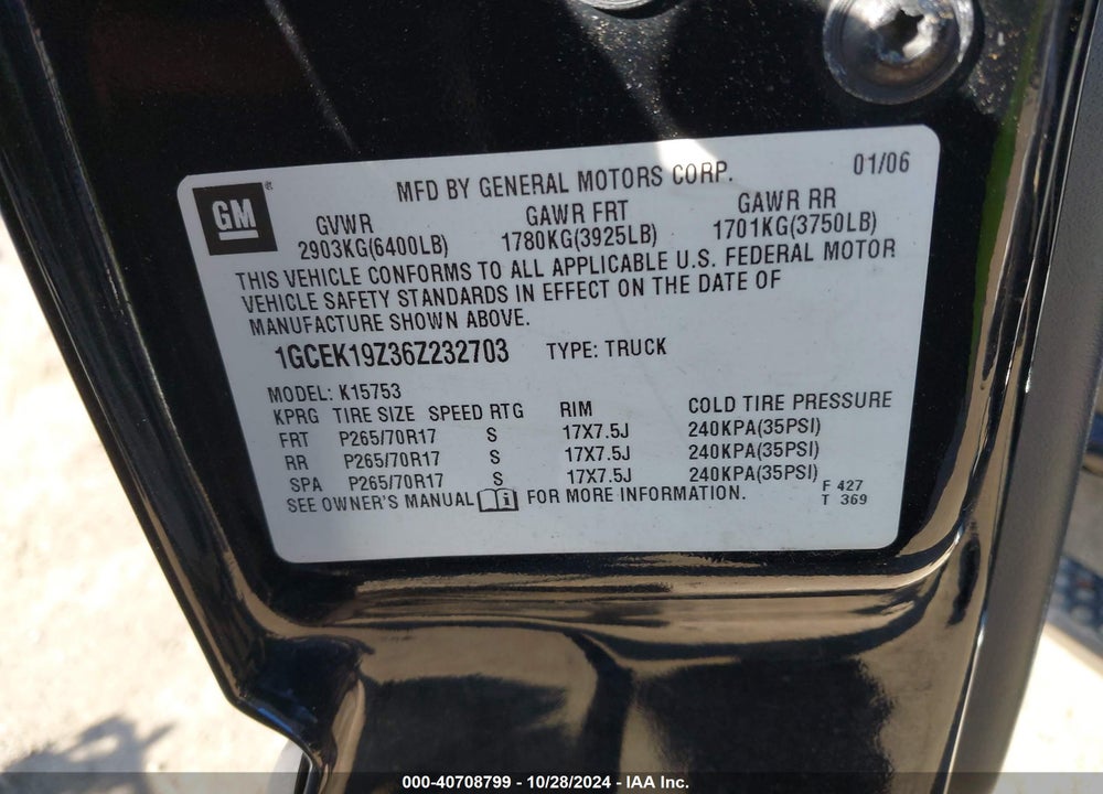 2006 CHEVROLET SILVERADO 1500 LT1 VIN: 1GCEK19Z36Z232703