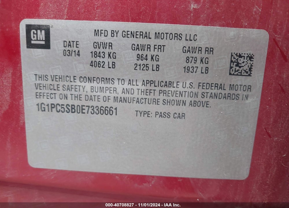 2014 CHEVROLET CRUZE 1LT AUTO VIN: 1G1PC5SB0E7336661
