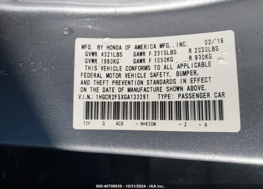 2016 HONDA ACCORD SPORT VIN: 1HGCR2F5XGA133291