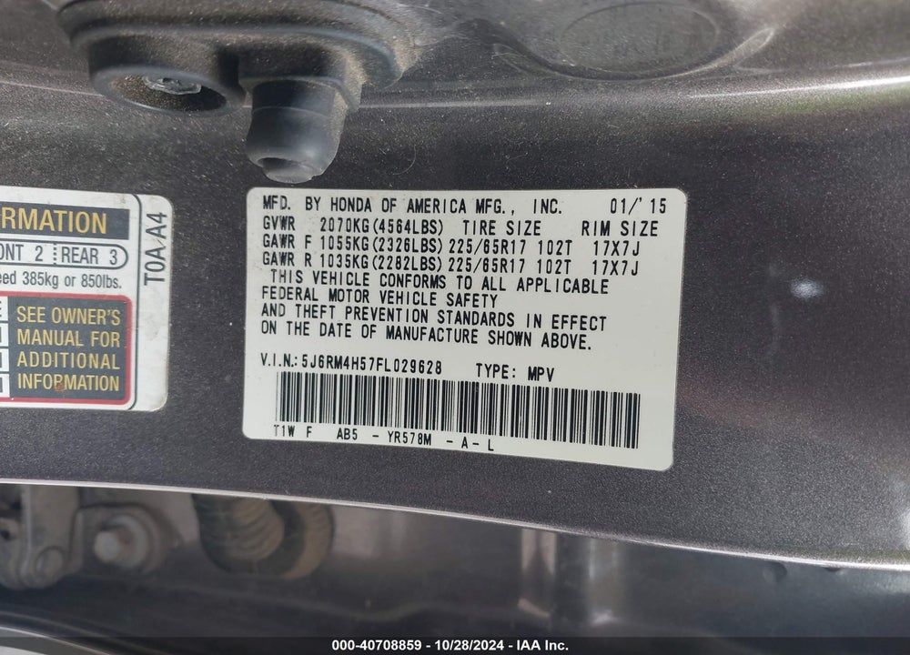 2015 HONDA CR-V EX VIN: 5J6RM4H57FL029628