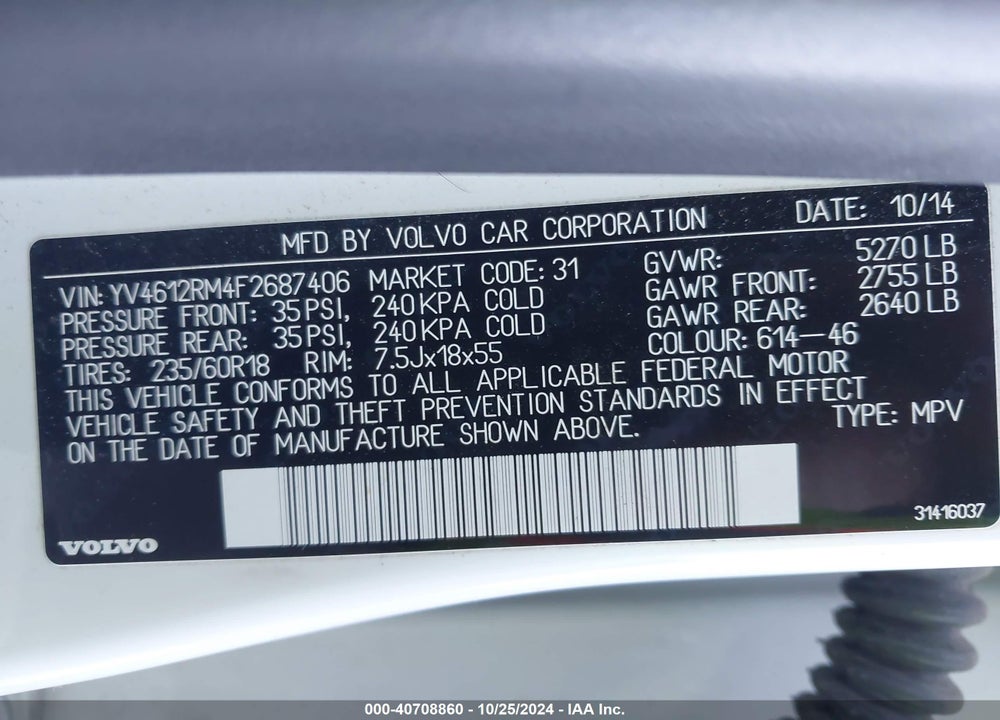 2015 VOLVO XC60 T5 PLATINUM VIN: YV4612RM4F2687406