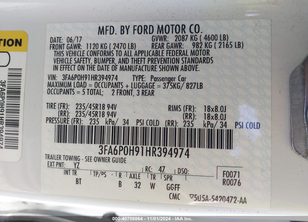 2017 FORD FUSION SE VIN: 3FA6P0H91HR394974