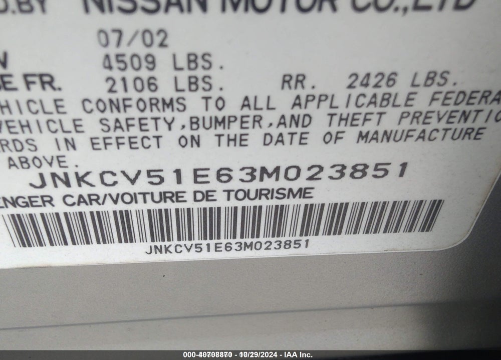 2003 INFINITI G35 VIN: JNKCV51E63M023851