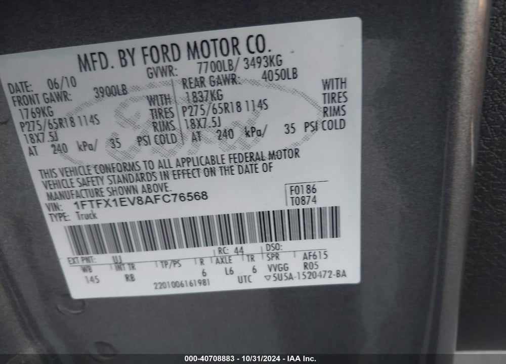 2010 FORD F-150 VIN: 1FTFX1EV8AFC76568