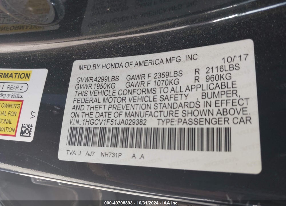 2018 HONDA ACCORD EX-L VIN: 1HGCV1F51JA029382