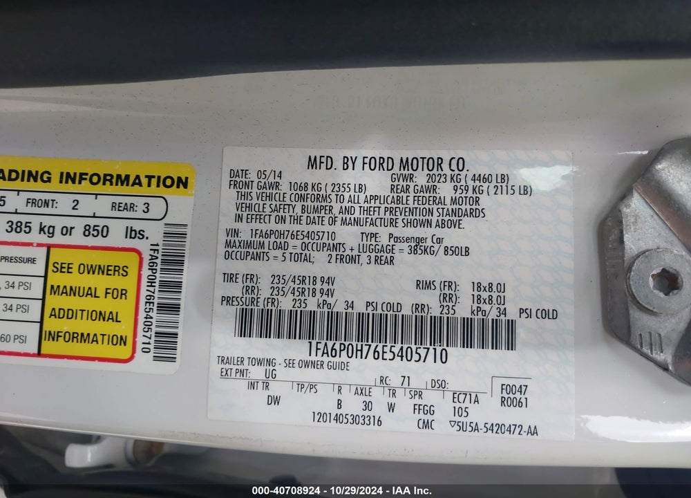 2014 FORD FUSION SE VIN: 1FA6P0H76E5405710