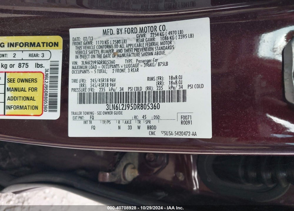 2013 LINCOLN MKZ VIN: 3LN6L2J95DR805360