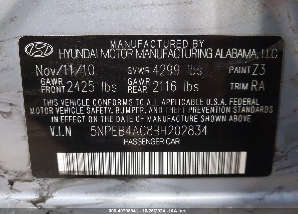 2011 HYUNDAI SONATA GLS VIN: 5NPEB4AC8BH202834