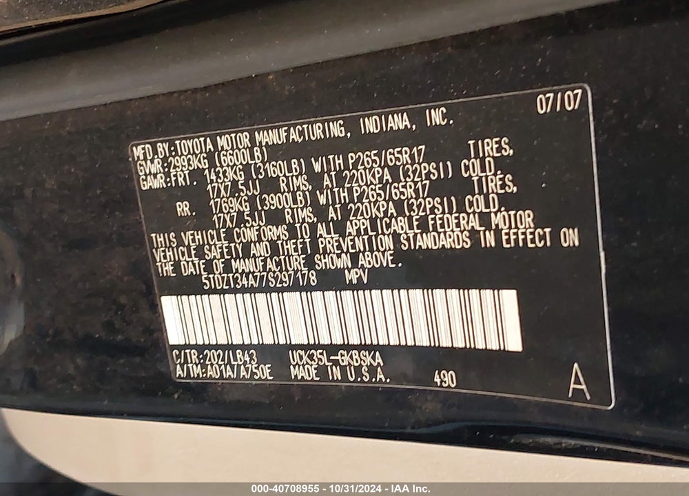 2007 TOYOTA SEQUOIA SR5 V8 VIN: 5TDZT34A77S297178