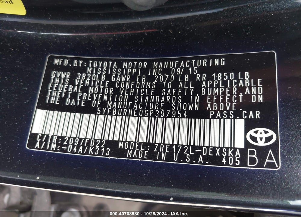 2016 TOYOTA COROLLA S VIN: 5YFBURHE0GP397954