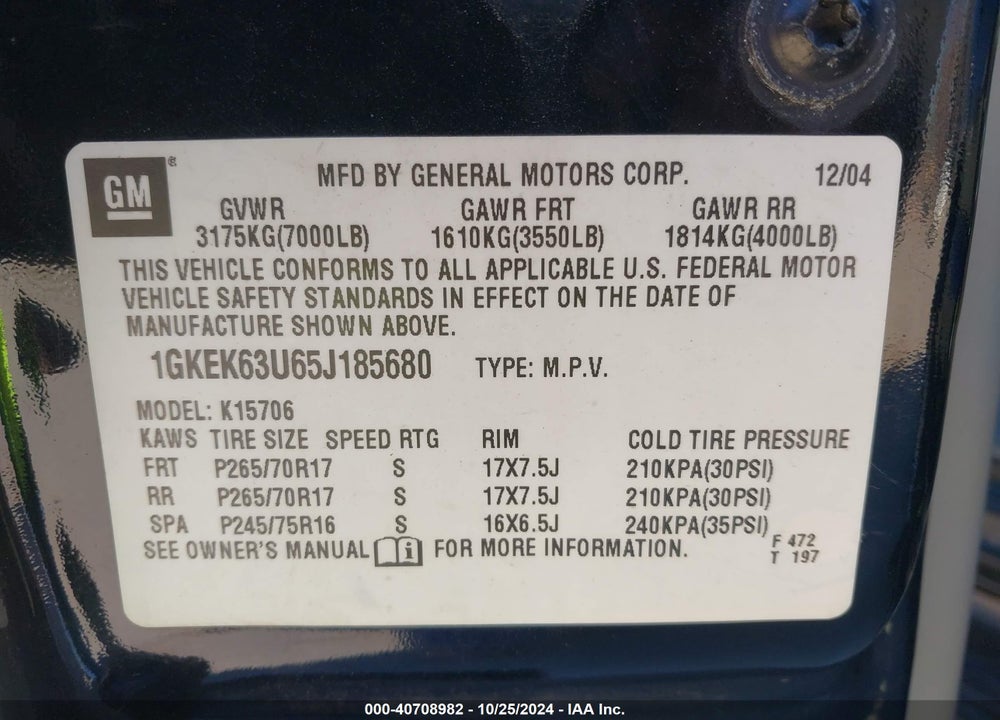 2005 GMC YUKON DENALI VIN: 1GKEK63U65J185680