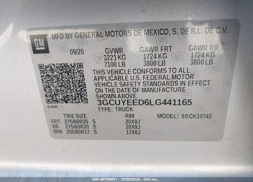 2020 CHEVROLET SILVERADO 1500 4WD STANDARD BED RST VIN: 3GCUYEED6LG441165