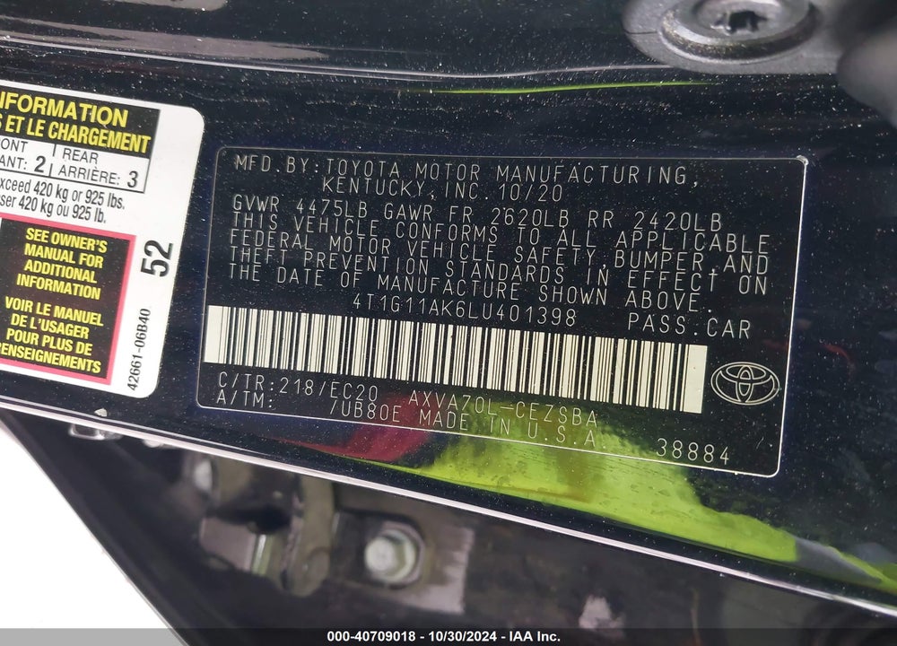 2020 TOYOTA CAMRY VIN: 4T1G11AK6LU401398