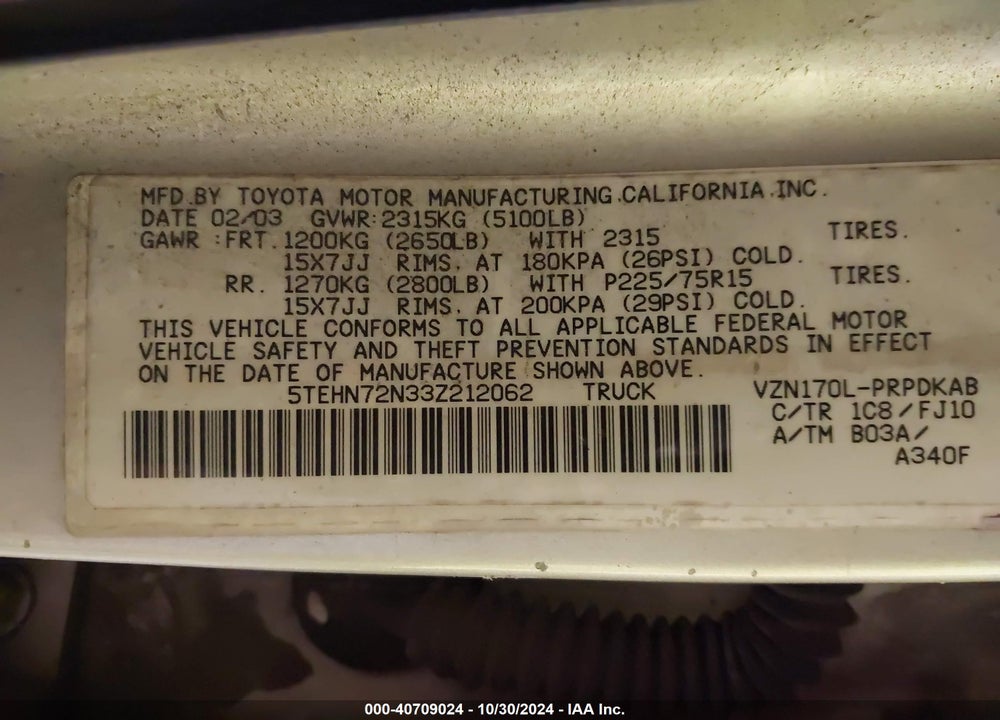 2003 TOYOTA TACOMA BASE V6 VIN: 5TEHN72N33Z212062