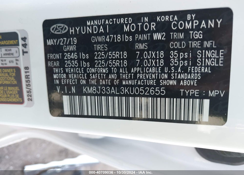 2019 HYUNDAI TUCSON SEL VIN: KM8J33AL3KU052655