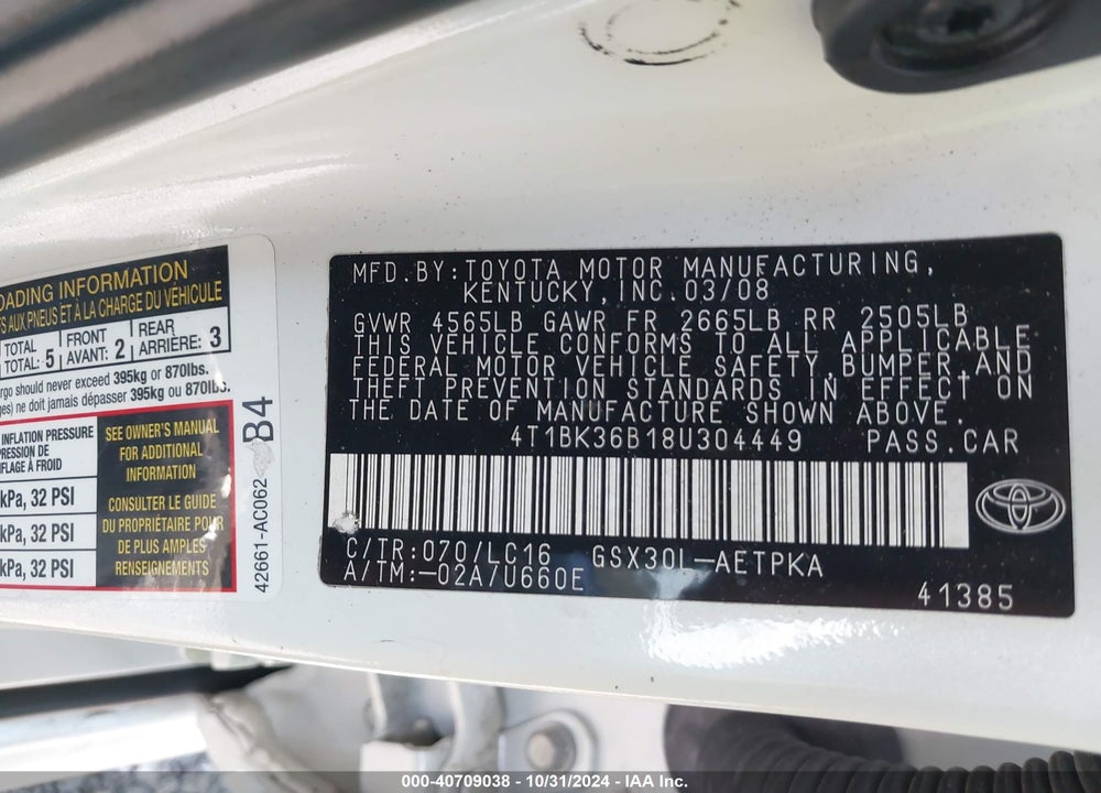 2008 TOYOTA AVALON LIMITED VIN: 4T1BK36B18U304449