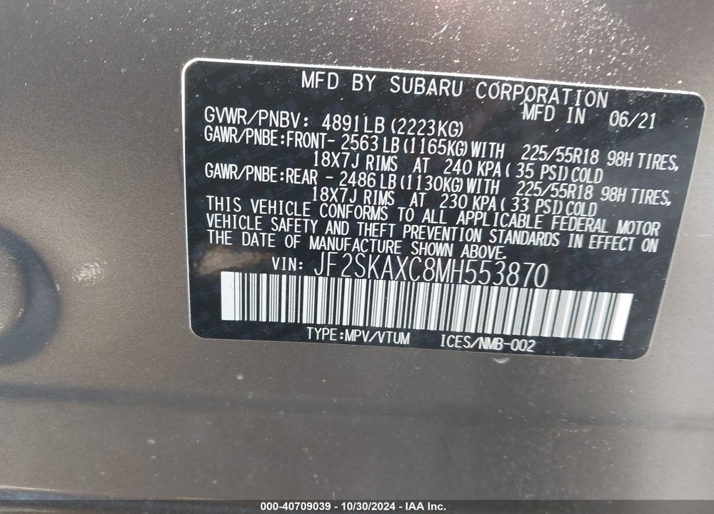 2021 SUBARU FORESTER TOURING VIN: JF2SKAXC8MH553870