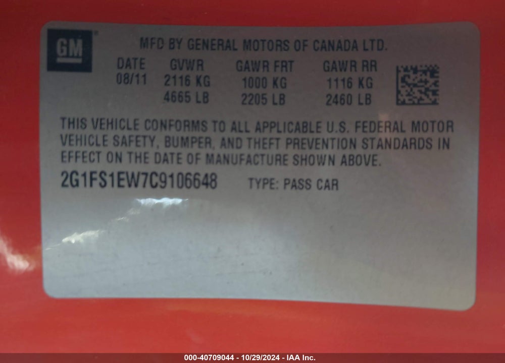 2012 CHEVROLET CAMARO 1SS VIN: 2G1FS1EW7C9106648