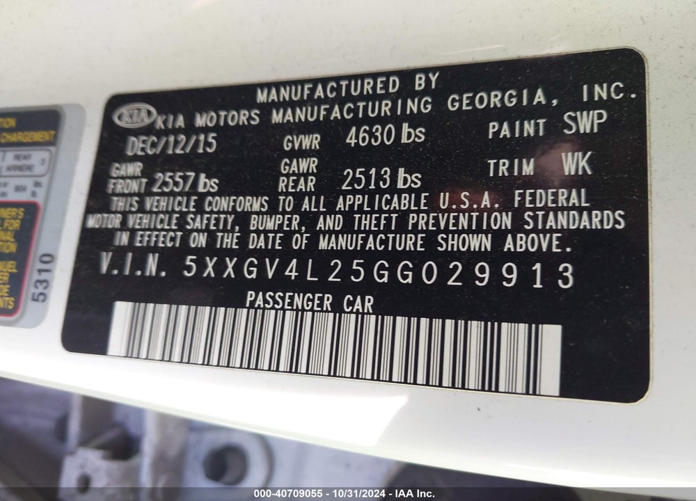 2016 KIA OPTIMA SXL TURBO VIN: 5XXGV4L25GG029913