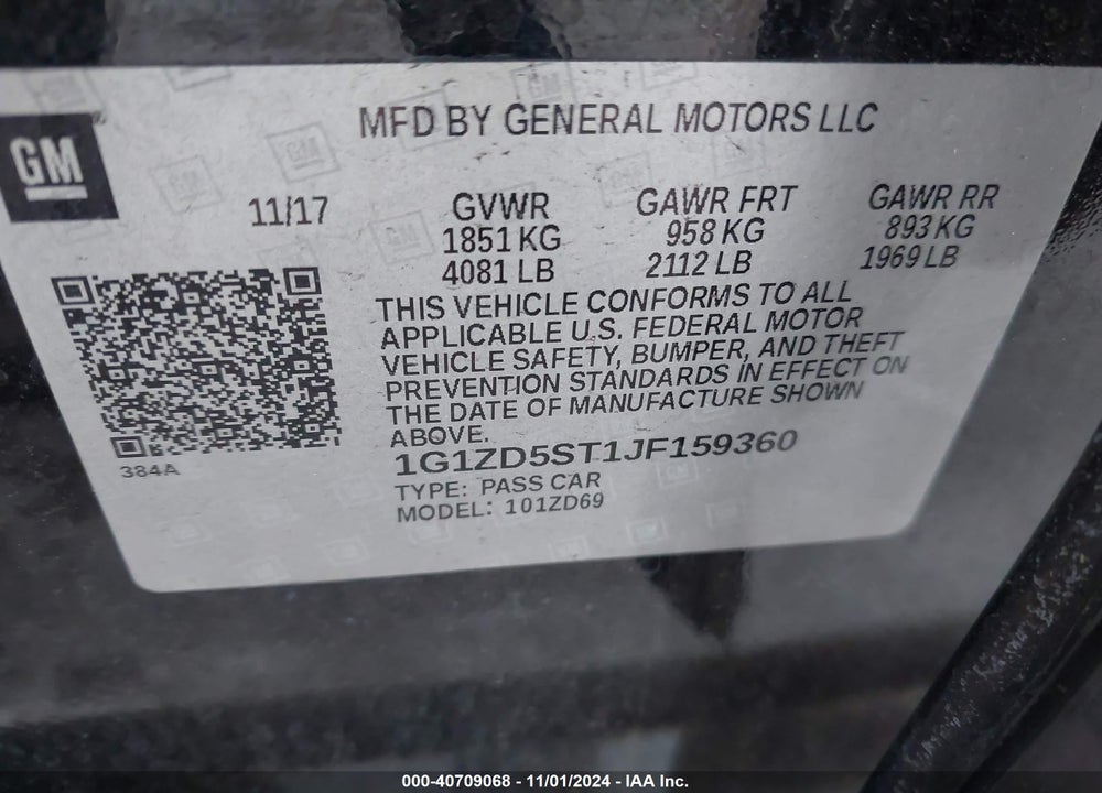 2018 CHEVROLET MALIBU VIN: IG1ZD5ST1JF159360
