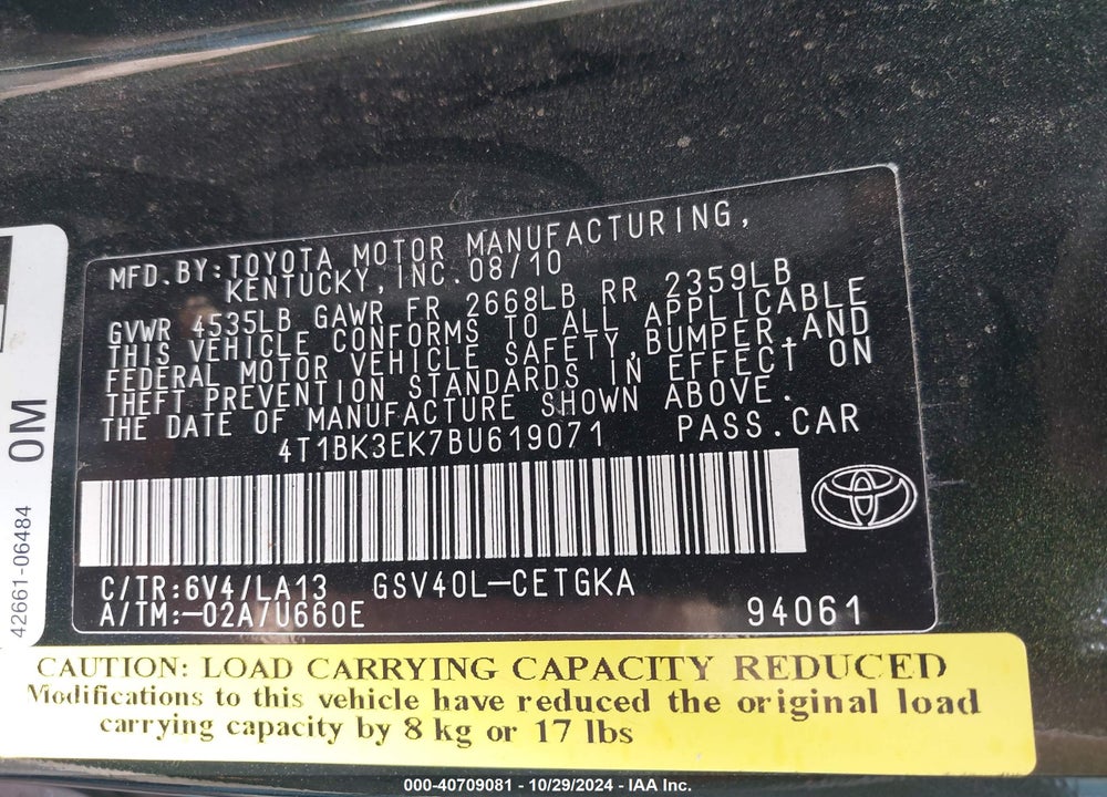 2011 TOYOTA CAMRY XLE V6 VIN: 4T1BK3EK7BU619071