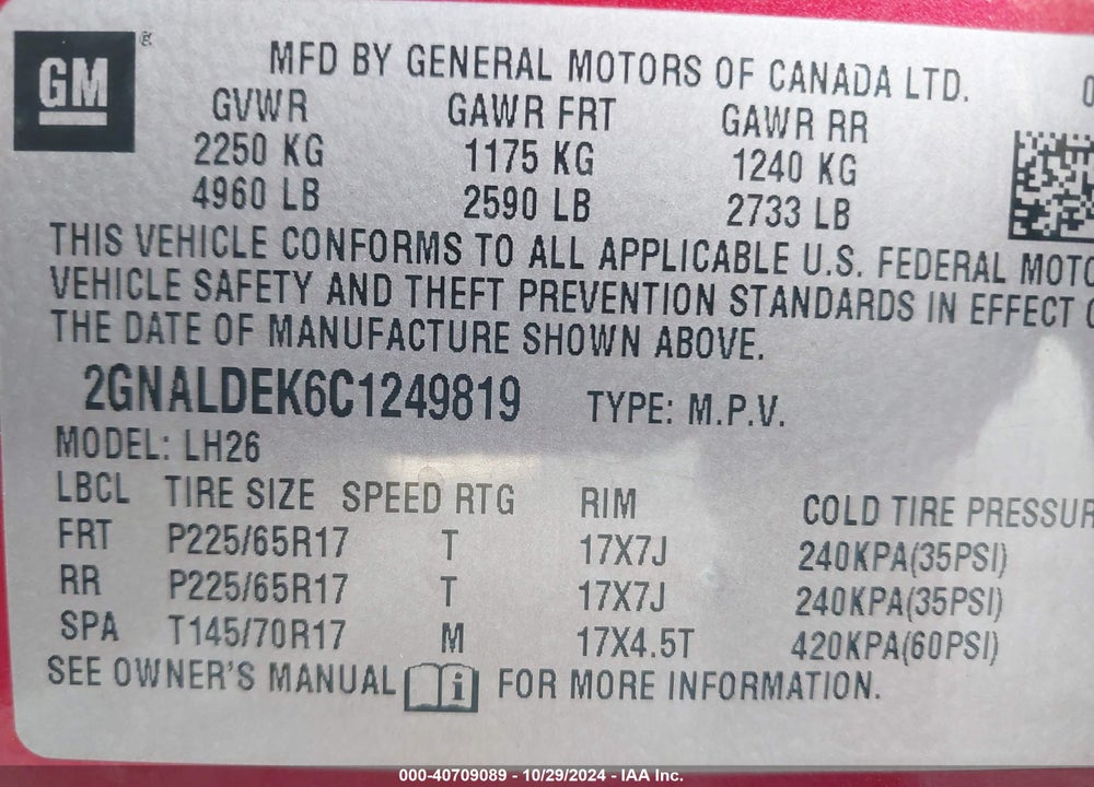 2012 CHEVROLET EQUINOX 1LT VIN: 2GNALDEK6C1249819