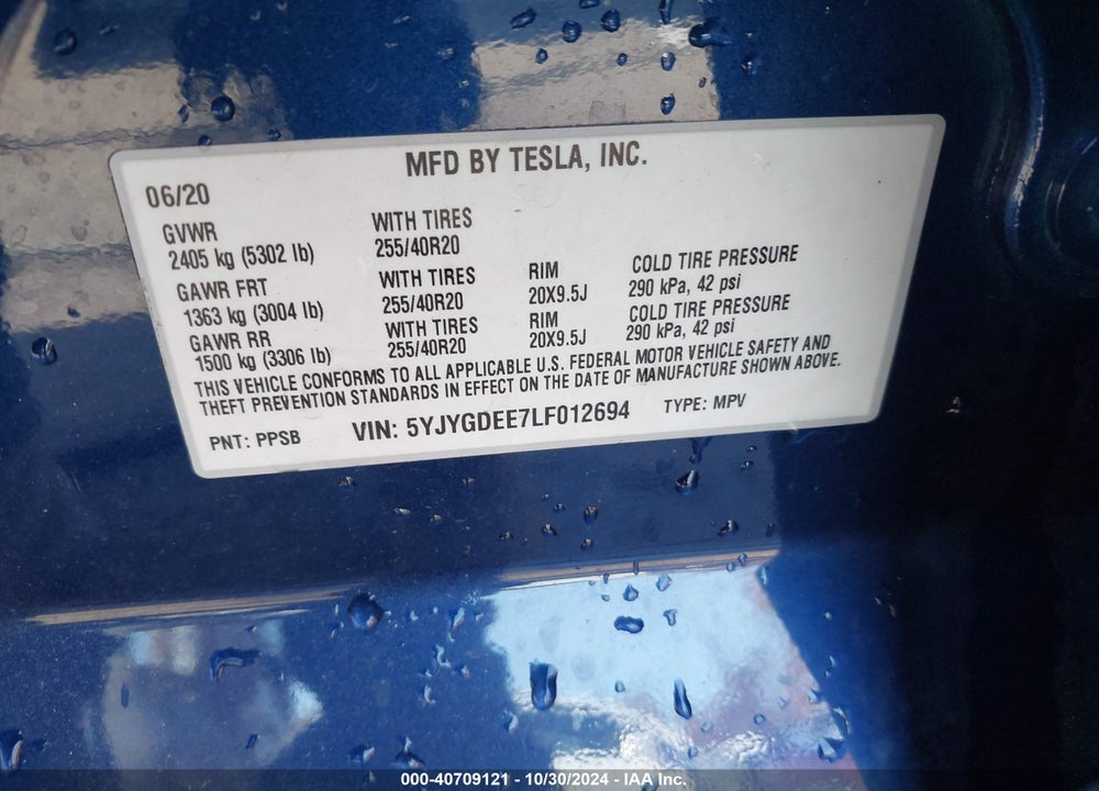 2020 TESLA MODEL Y LONG RANGE DUAL MOTOR ALL-WHEEL DRIVE VIN: 5YJYGDEE7LF012694