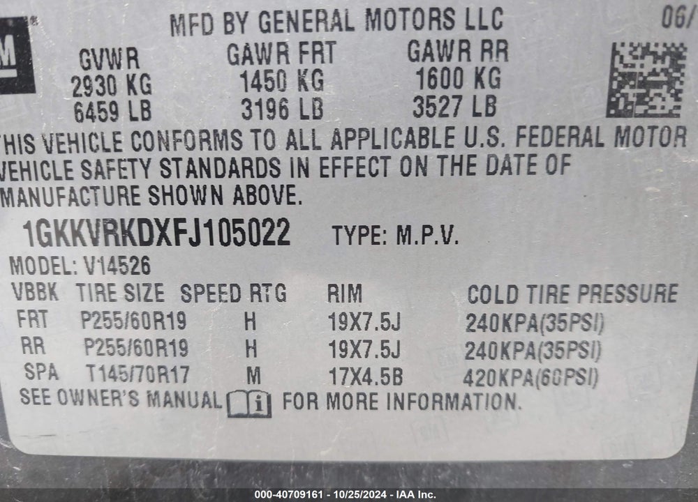 2015 GMC ACADIA SLT-1 VIN: 1GKKVRKDXFJ105022