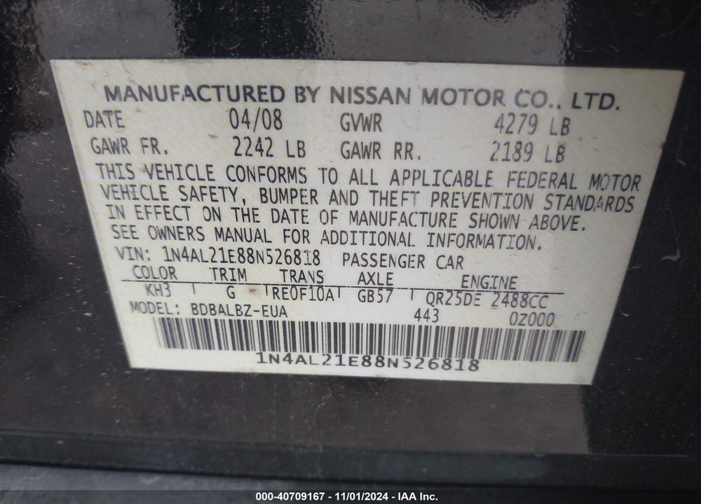 2008 NISSAN ALTIMA 2.5 S VIN: 1N4AL21E88N526818