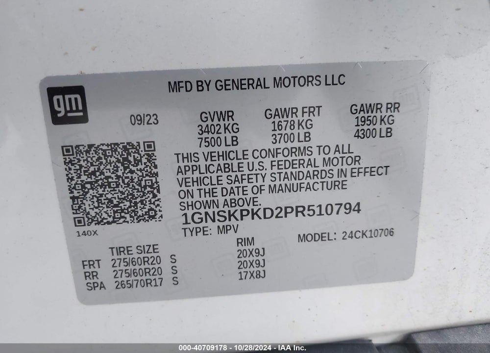 2023 CHEVROLET TAHOE 4WD Z71 VIN: 1GNSKPKD2PR510794
