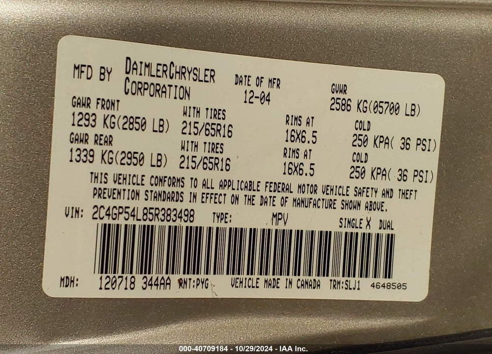 2005 CHRYSLER TOWN & COUNTRY TOURING VIN: 2C4GP54L85R383498