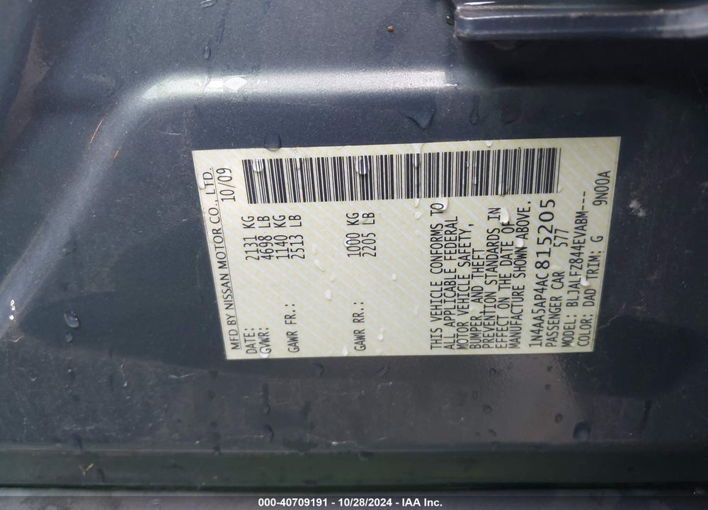 2010 NISSAN MAXIMA 3.5 SV VIN: 1N4AA5AP4AC815205