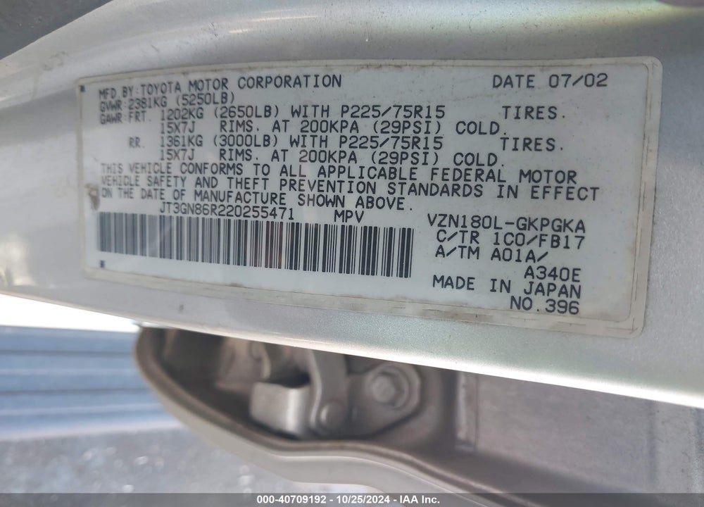 2002 TOYOTA 4RUNNER SR5 V6 VIN: JT3GN86R220255471