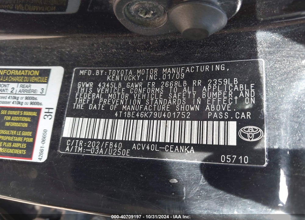 2009 TOYOTA CAMRY LE VIN: 4T1BE46K79U401752