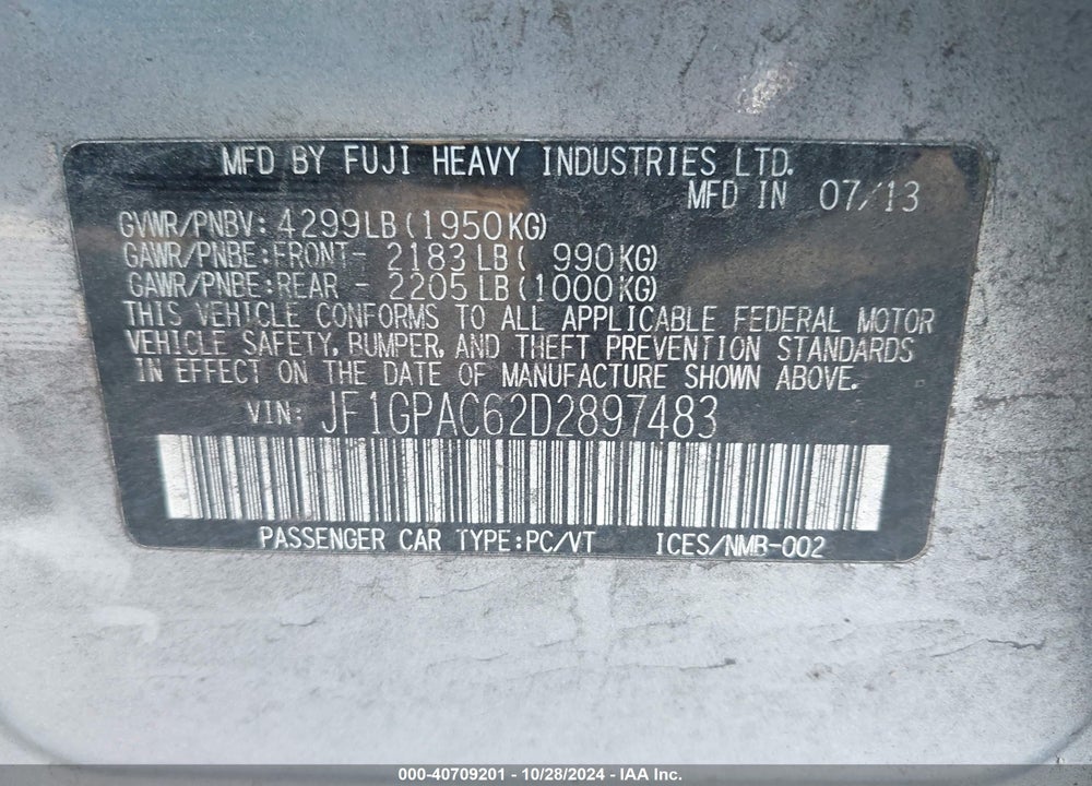 2013 SUBARU IMPREZA 2.0I PREMIUM VIN: JF1GPAC62D2897483