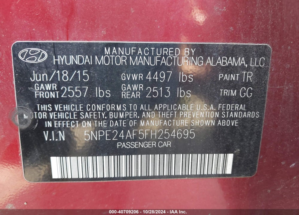 2015 HYUNDAI SONATA SE VIN: 5NPE24AF5FH254695