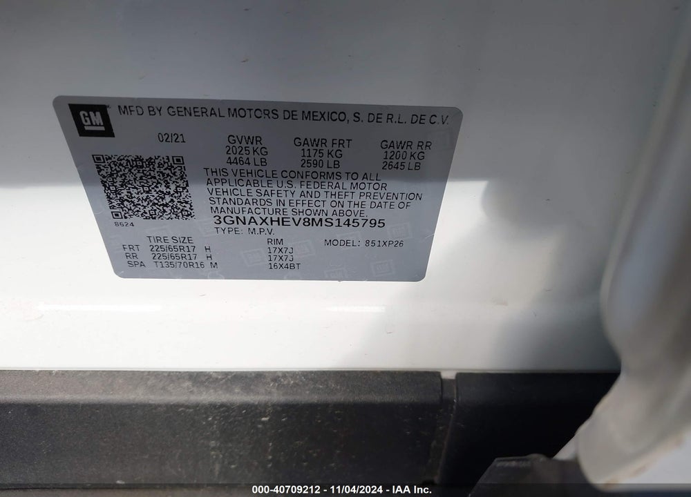 2021 CHEVROLET EQUINOX FWD LS VIN: 3GNAXHEV8MS145795