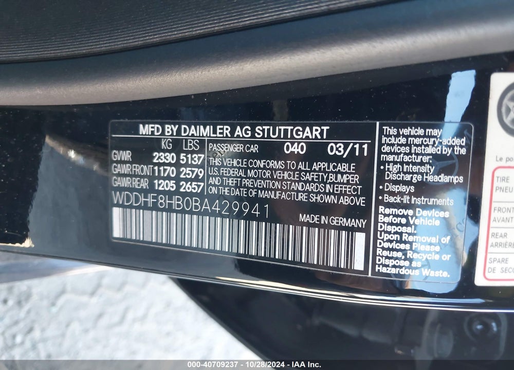 2011 MERCEDES-BENZ E 350 4MATIC VIN: WDDHF8HB0BA429941