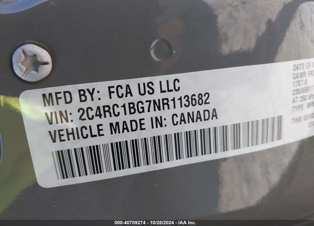 2022 CHRYSLER PACIFICA TOURING L VIN: 2C4RC1BG7NR113682