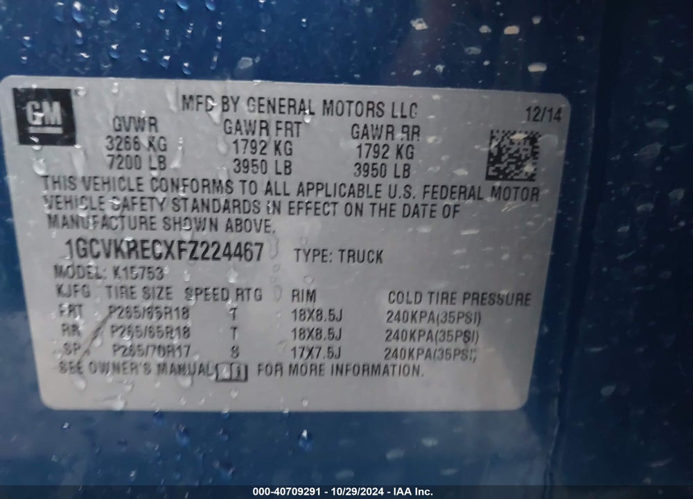 2015 CHEVROLET SILVERADO 1500 1LT VIN: 1GCVKRECXFZ224467