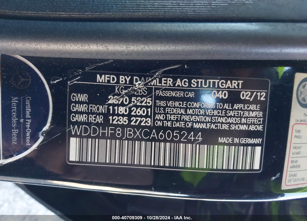 2012 MERCEDES-BENZ E VIN: WDDHF8JBXCA605244