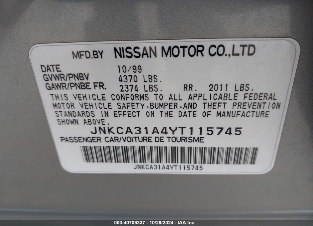 2000 INFINITI I30 LUXURY/TOURING VIN: JNKCA31A4YT115745