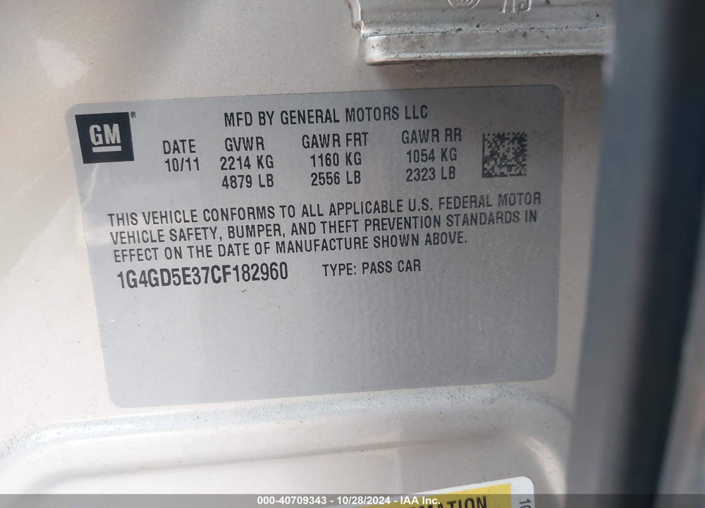 2012 BUICK LACROSSE PREMIUM 1 GROUP VIN: 1G4GD5E37CF182960